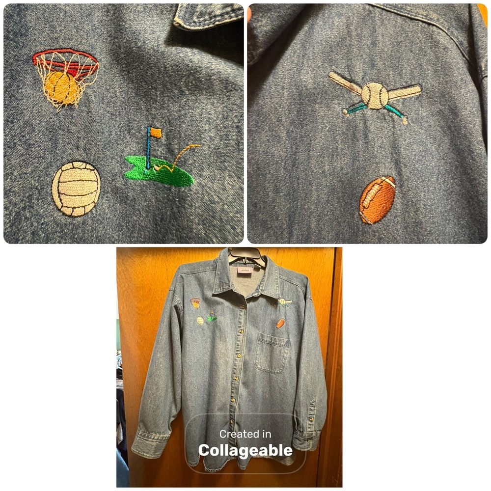 Vtg Embroidered Jean Shirt Sports Motif Denim Football Baseball Plus Size 3X